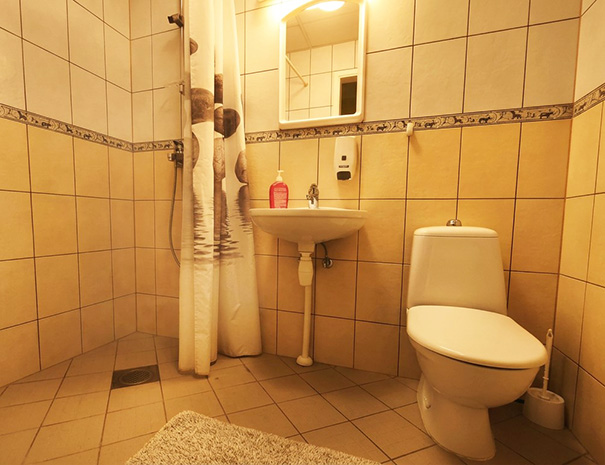 Hostel Lõuna kahekohalise toa privaatne vannituba dušinurga, valamu ja peegliga.